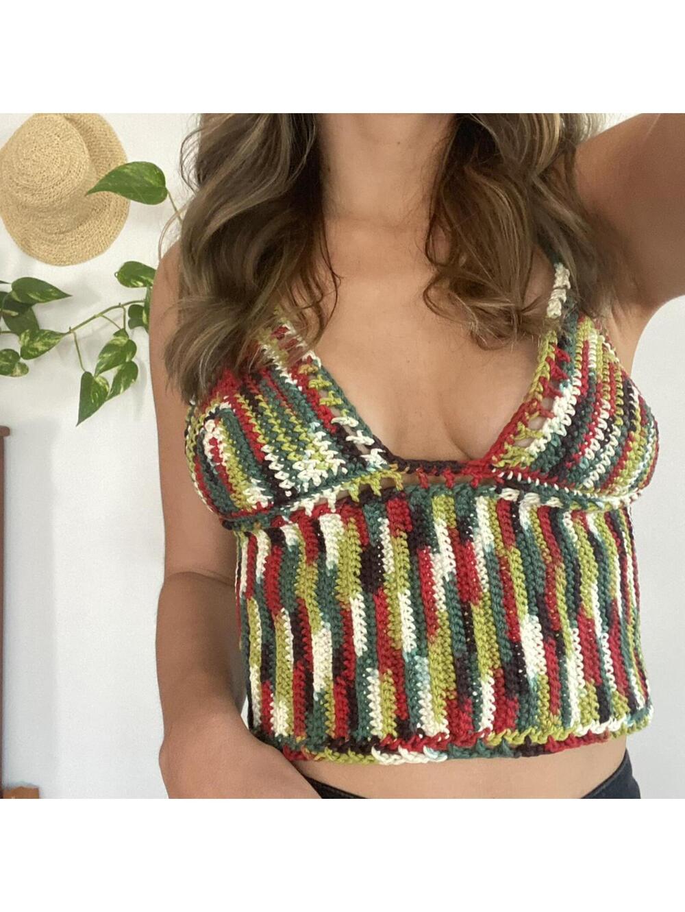 Multi Color  100% cotton crocheted crop top with adjustable lace up back.
